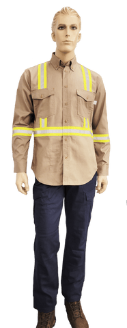 Flame Resistant Reflective Ripstop Button Down Shirt Khaki