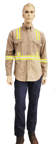 Flame Resistant Reflective Ripstop Button Down Shirt Khaki